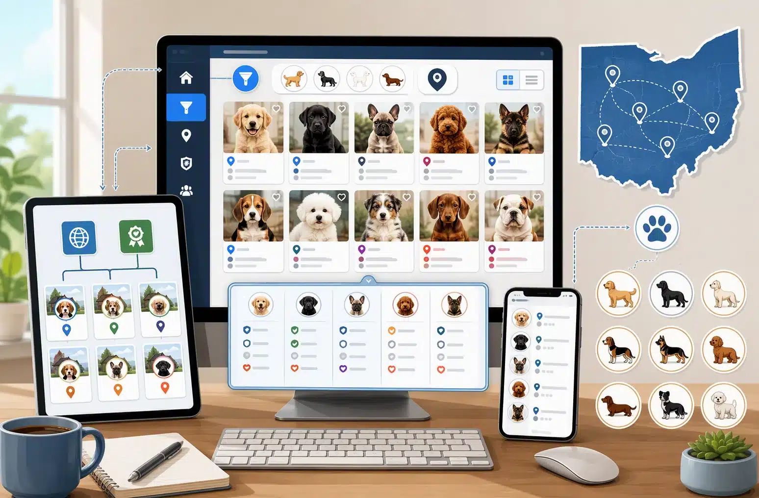 Cartoon breeder comparison dashboard with breed filters