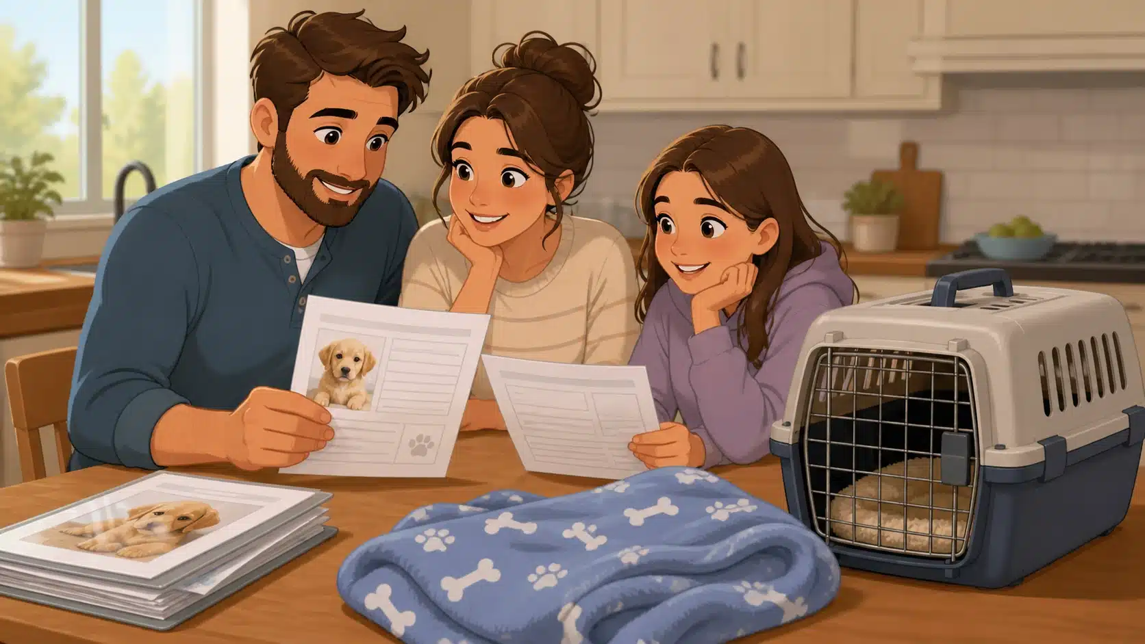 Family reviewing puppy health records at kitchen table
