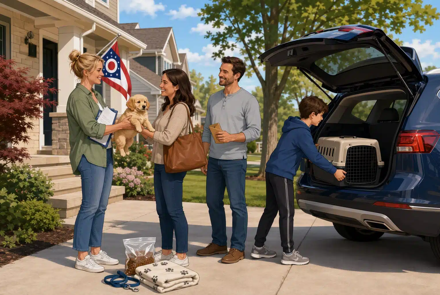 Family loading puppy into SUV outside Ohio home