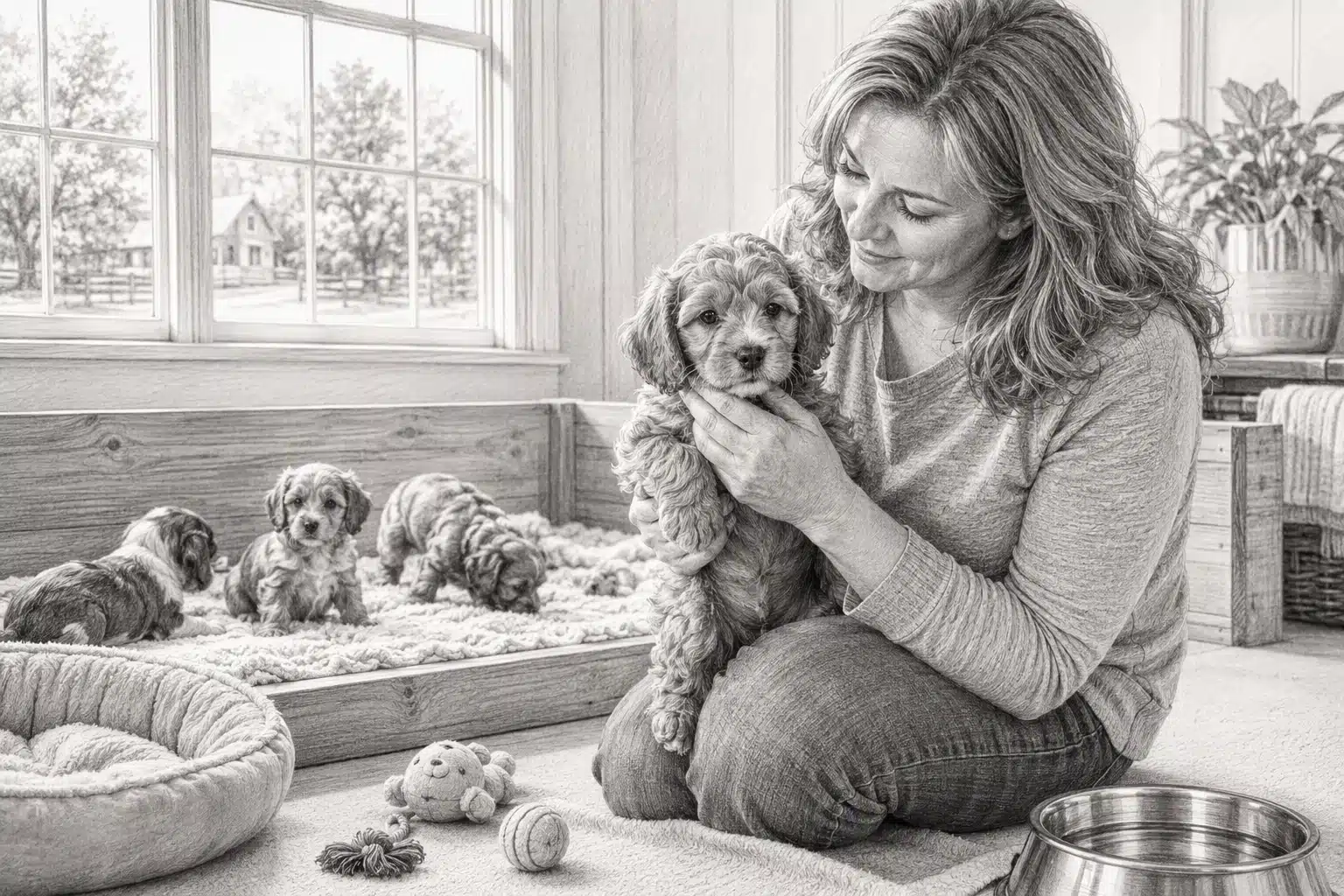 Family breeder gently handling a Cavapoo puppy in bright nursery