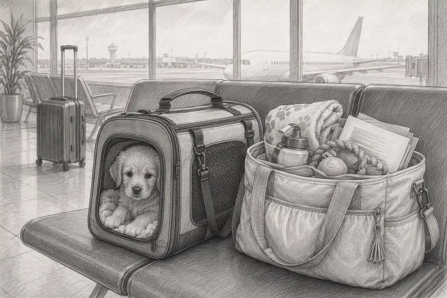 Puppy carrier beside packed diaper bag at airport