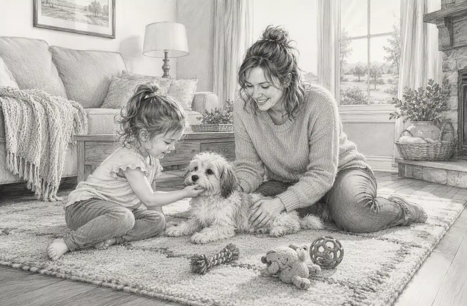 Mother and child playing with small Havanese puppy in cozy Missouri living room