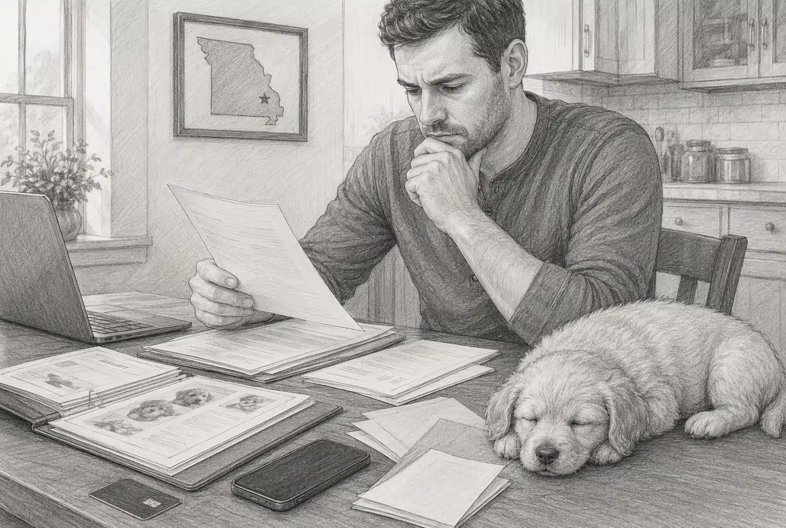 Buyer reviewing puppy records at kitchen table