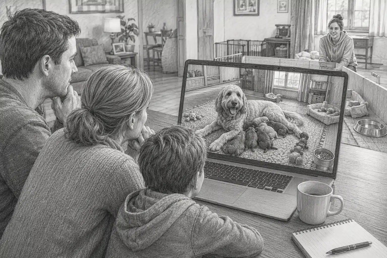 Family video-calling breeder with mother dog and nursery