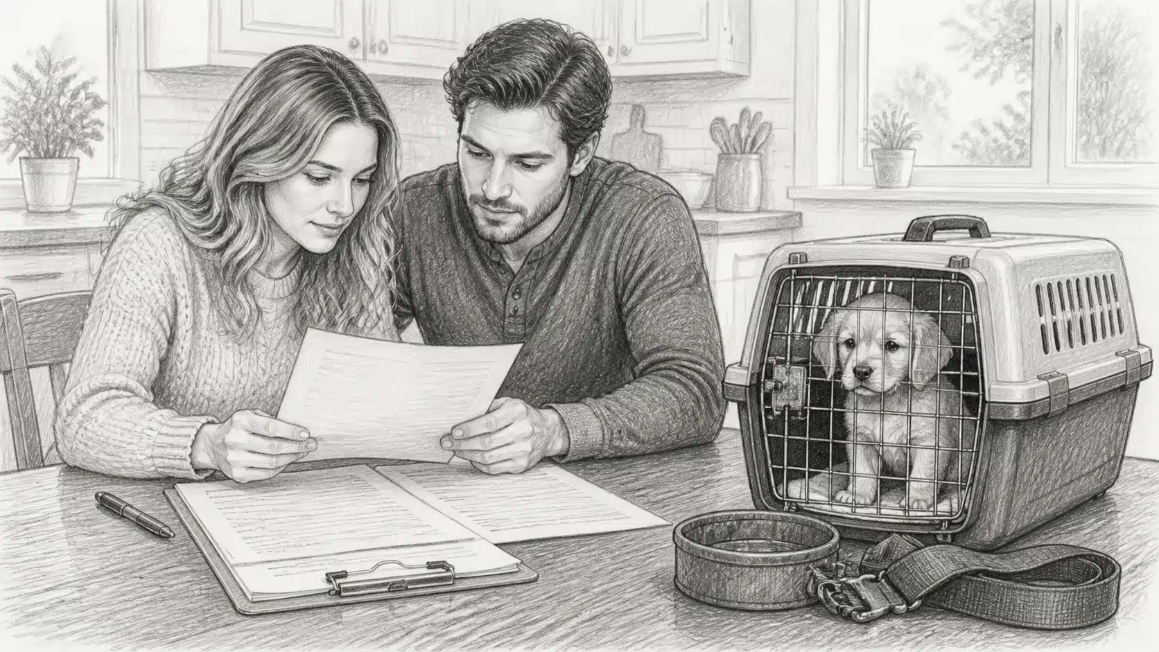 Couple reviewing puppy transport agreement at kitchen table