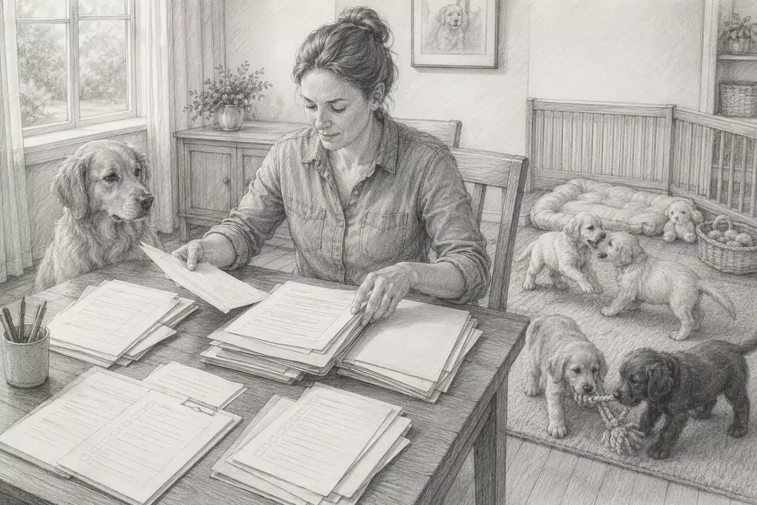 Breeder reviewing puppy health and temperament notes