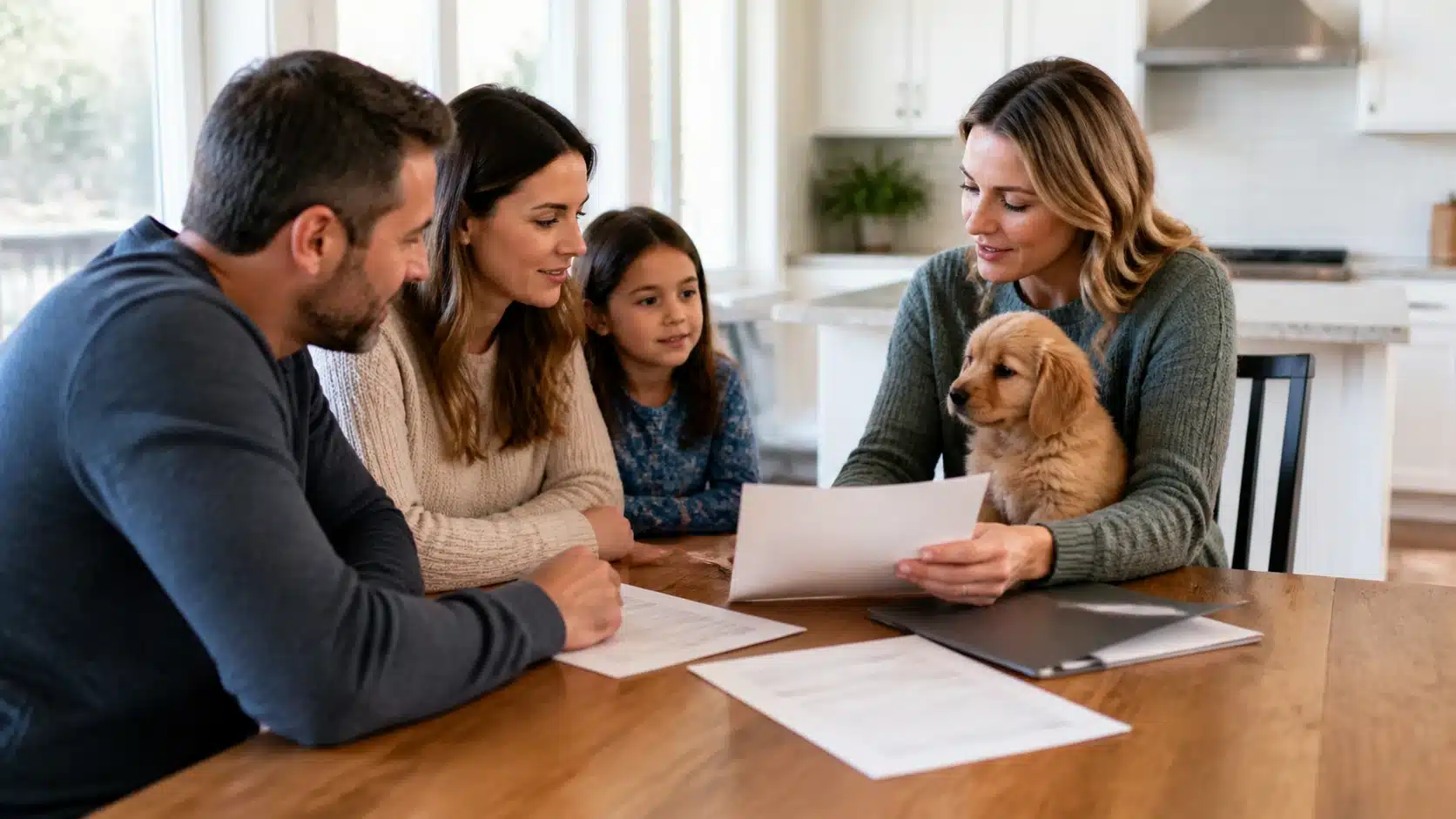 Family reviewing puppy health records at kitchen table