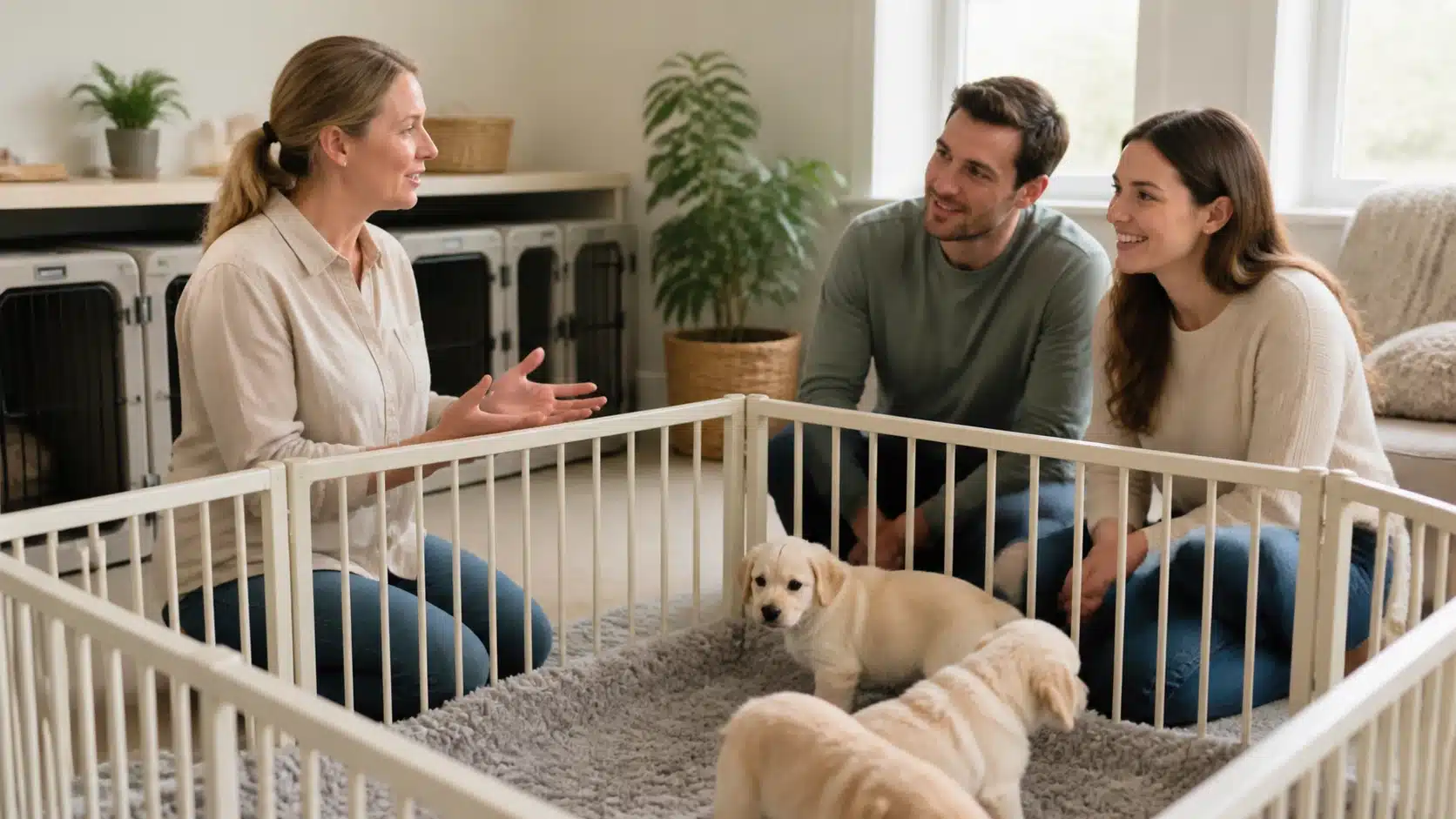 Breeder discussing puppy care with young couple