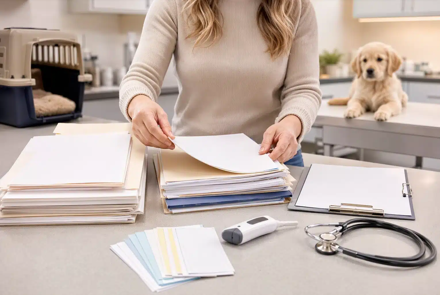 Breeder organizing puppy health records at vet clinic