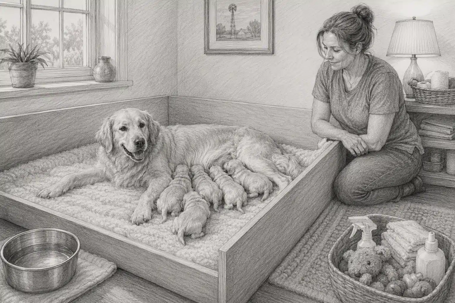 Calm mother dog nursing puppies in home whelping area