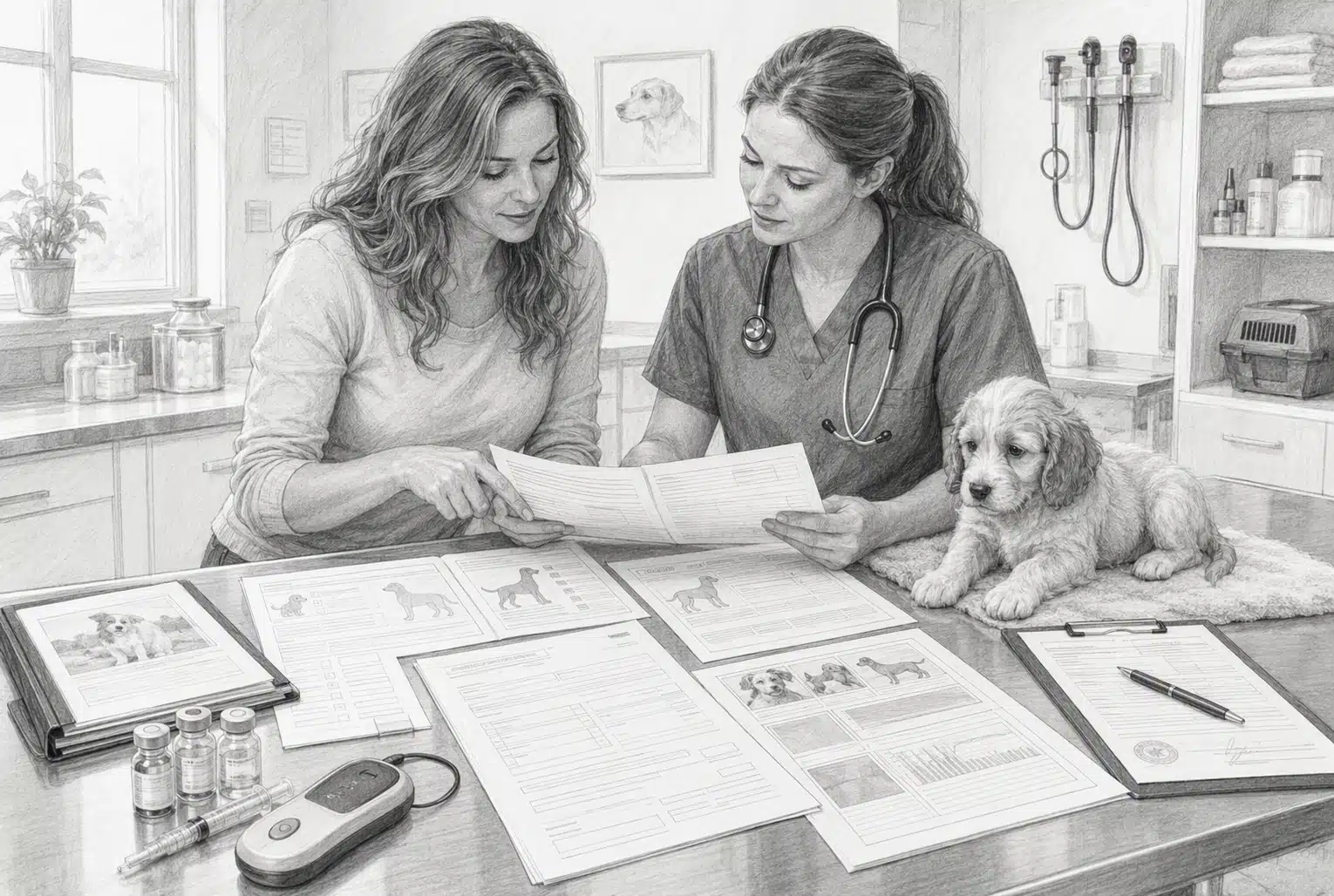 Breeder reviewing puppy health records with veterinarian