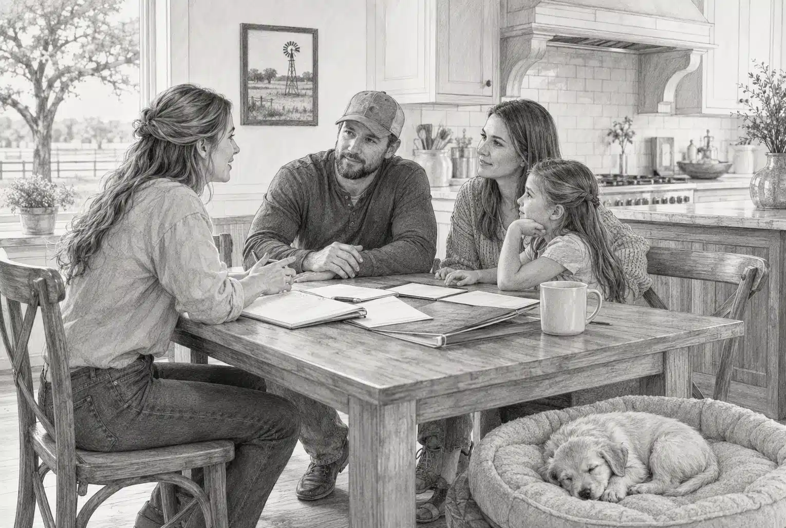 Breeder interviewing family at kitchen table