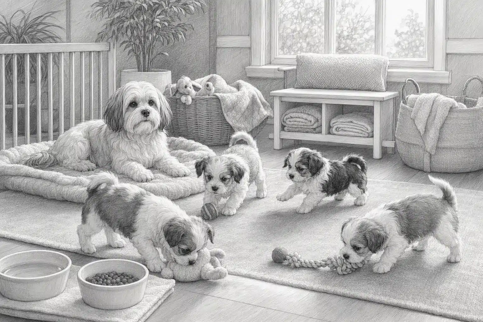 Family-raised puppies playing in a bright nursery