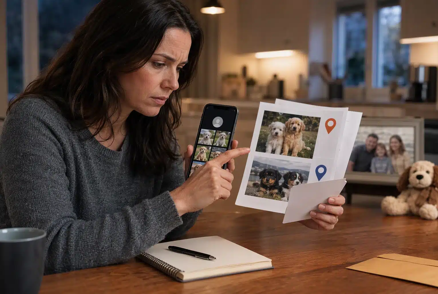 Parent cross-checking puppy seller details at kitchen table