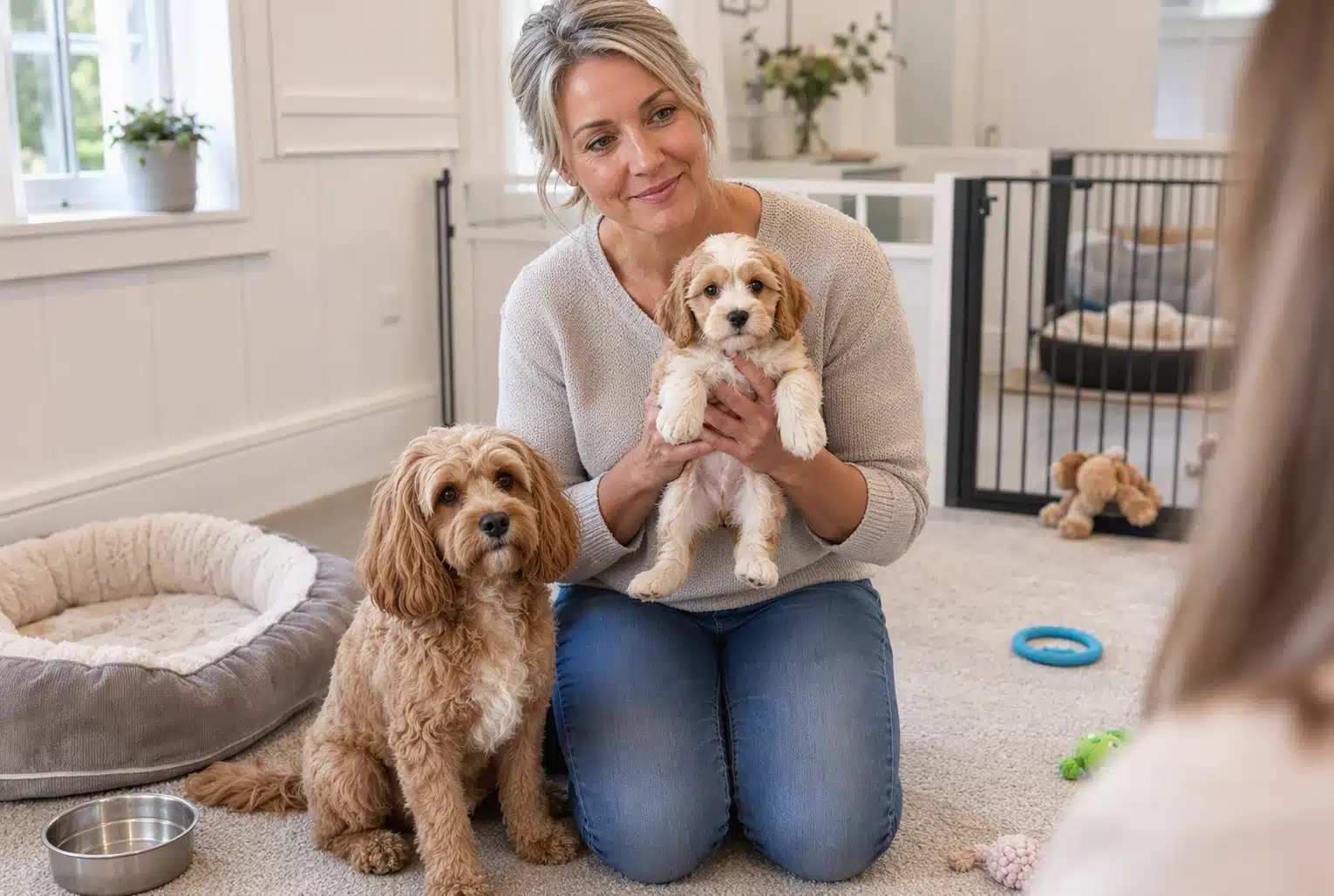 Ethical breeder shows puppy with mother in clean nursery