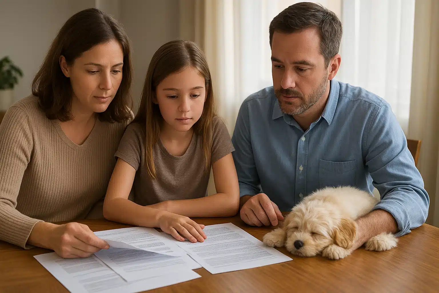 Family examines puppy health records at dining table