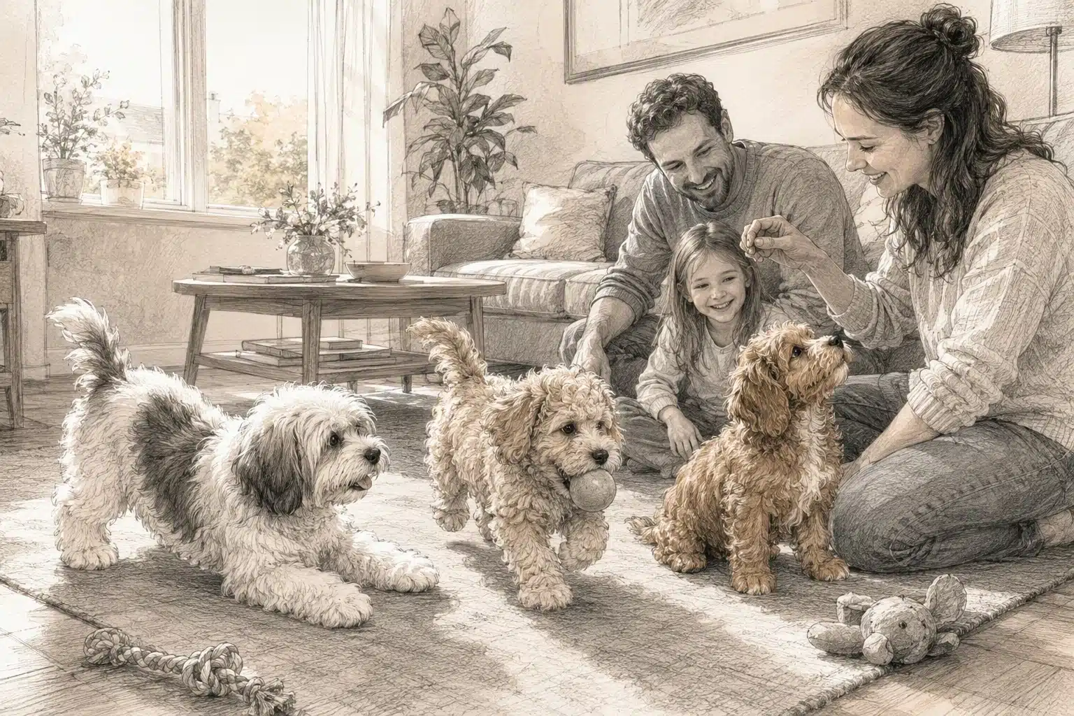 Havapoo and Cavapoo puppies playing with family in cozy living room