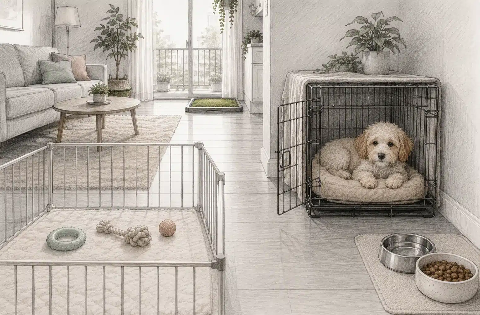 Havapoo puppy resting in crate beside gated play area