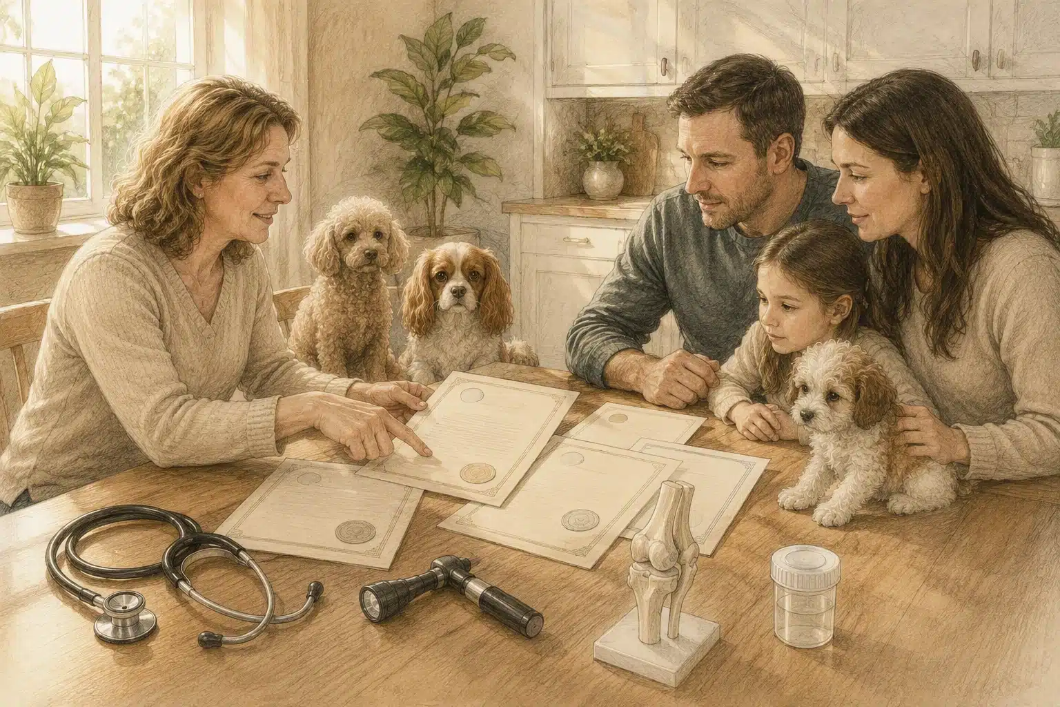 Breeder and family reviewing parent dog health records at kitchen table