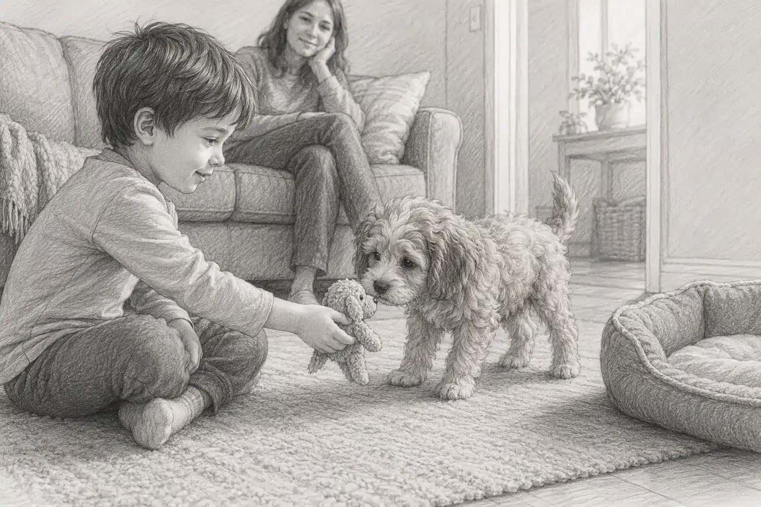 Curious Cavapoo puppy pauses mid-play with child offering toy