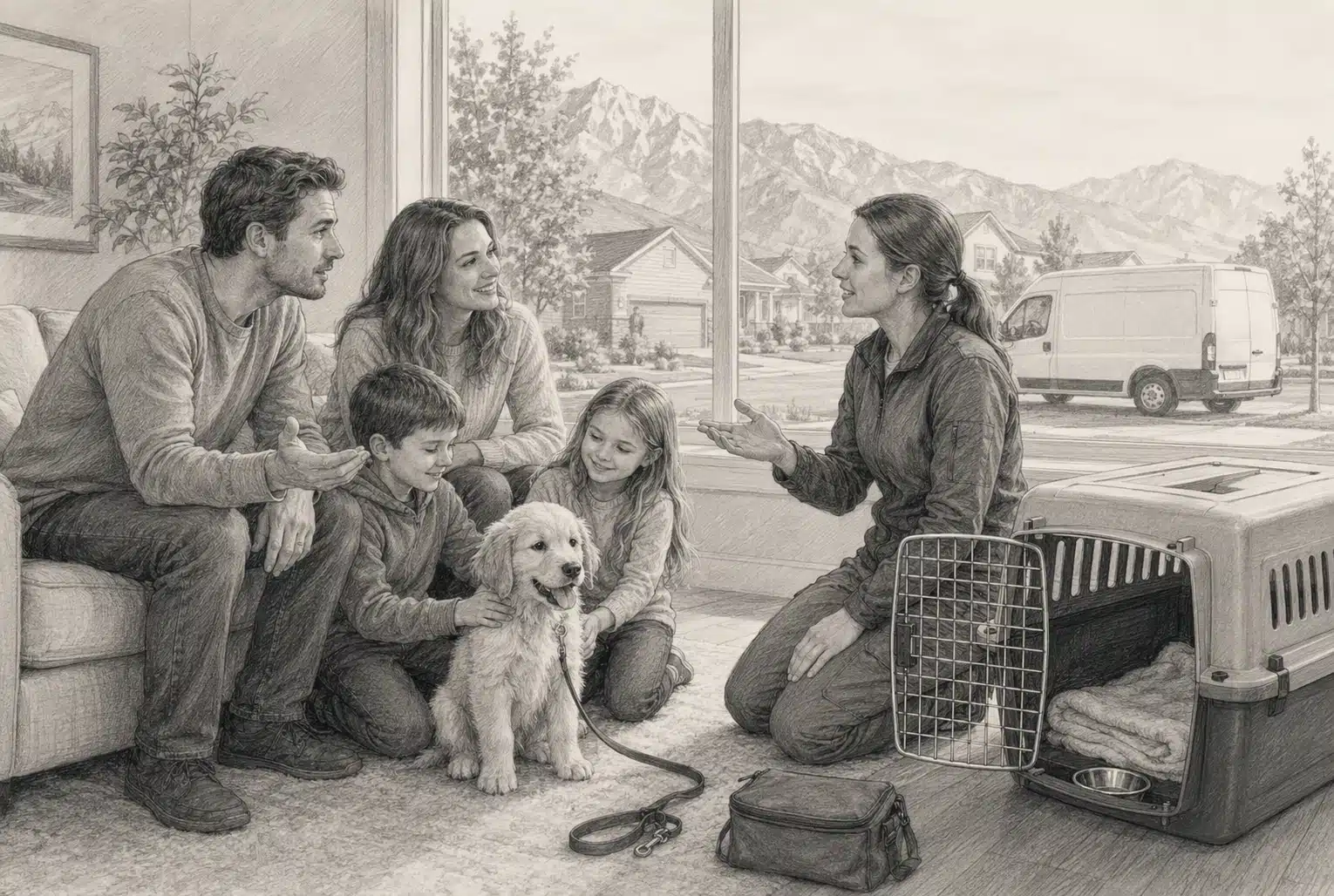 Family reviewing puppy delivery details in cozy home