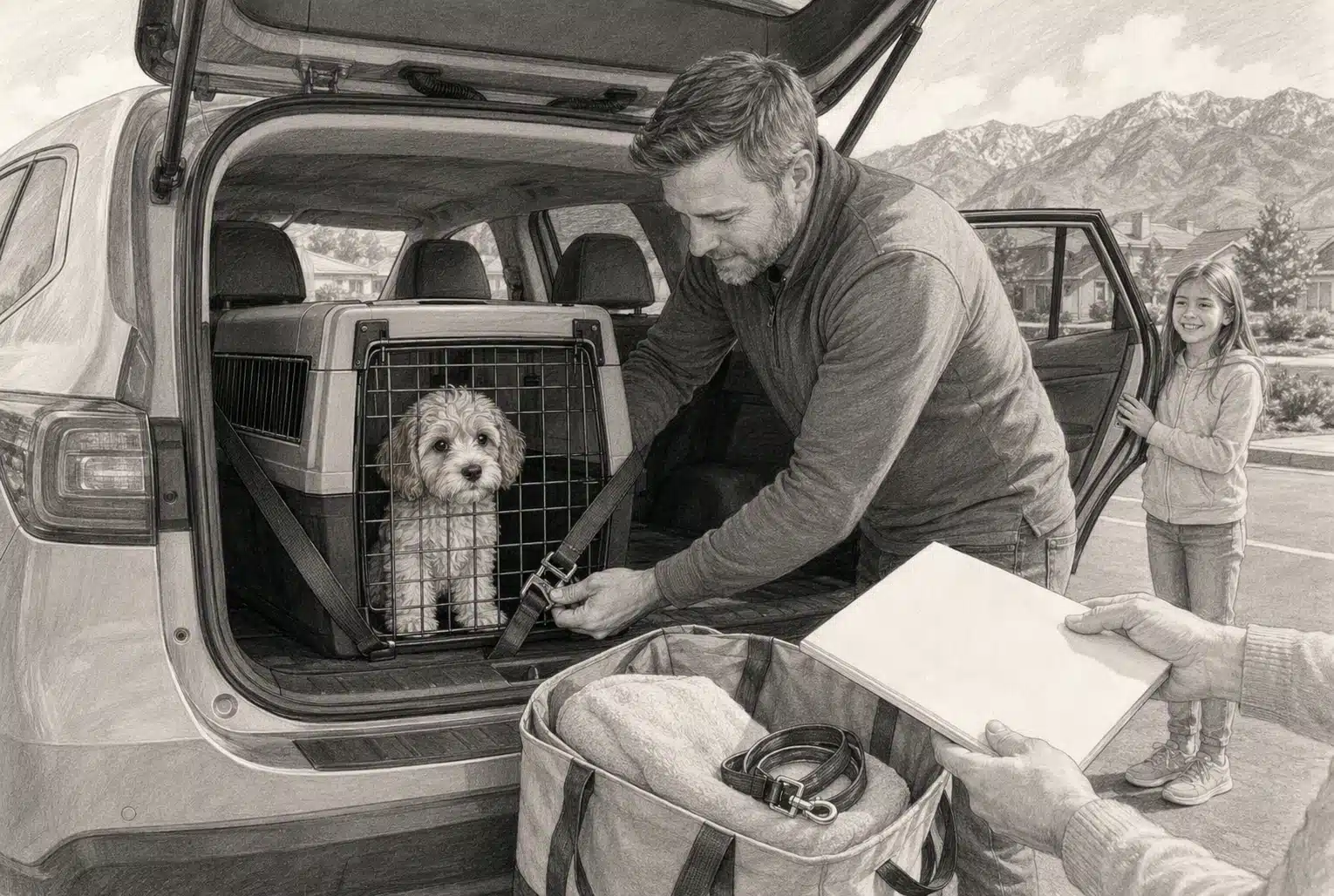 Puppy crate secured in car during Georgia handoff