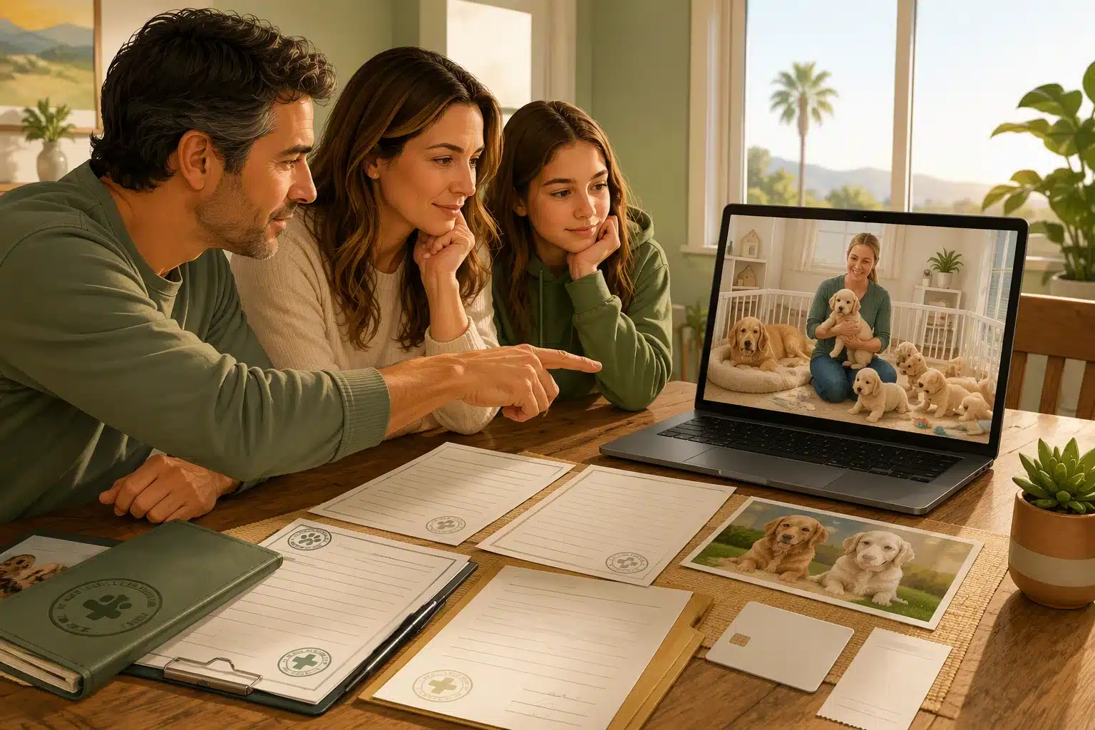 Family reviews puppy documents during video call