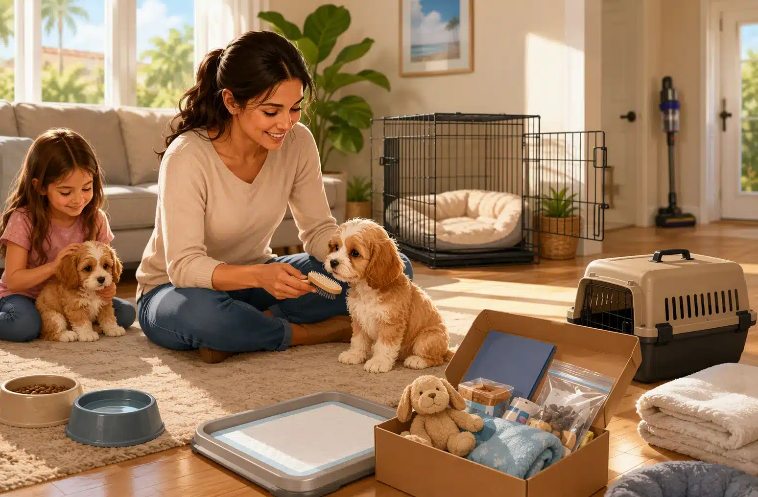 Gentle grooming introduction in a bright puppy nursery