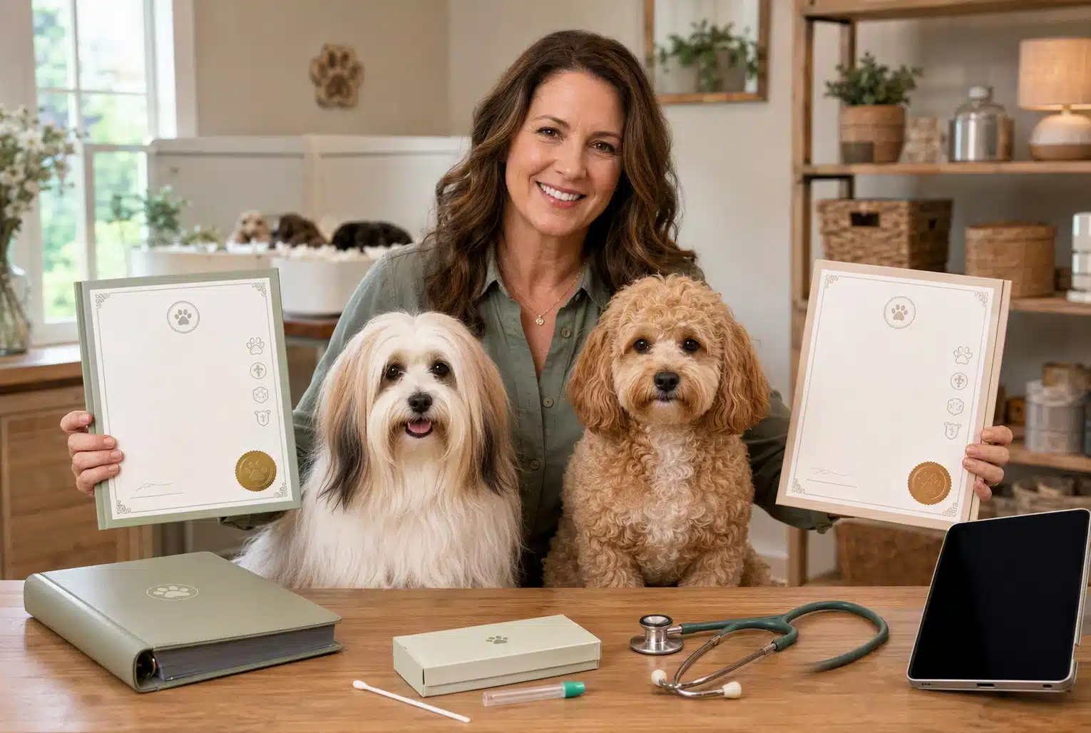Breeder reviewing parent health certificates beside Havanese and Cavapoo