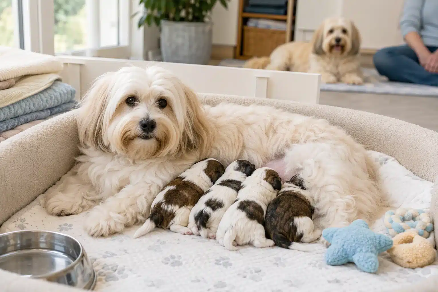 Mother Havanese resting beside puppies in a warm home setting