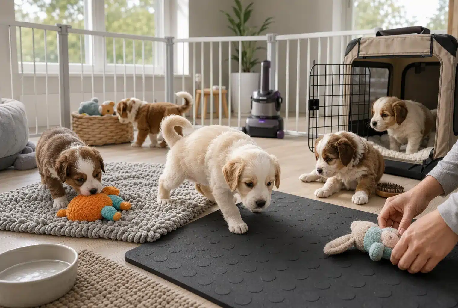 Bright nursery puppies explore textured mats and toys