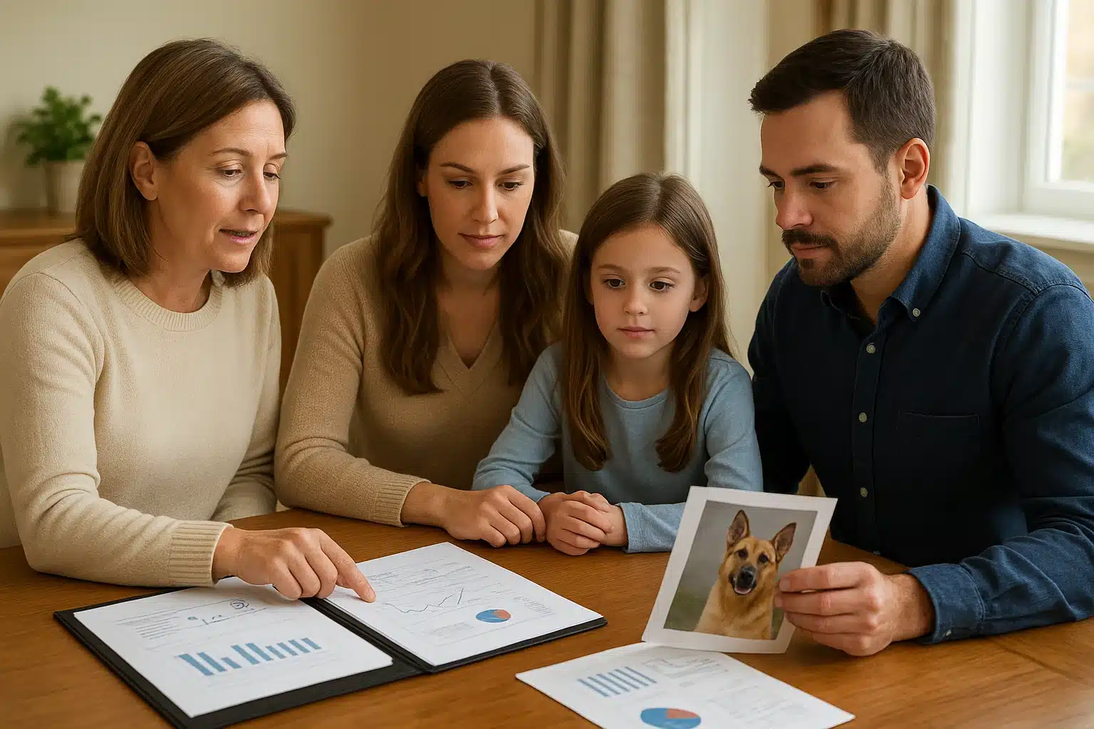 Family reviewing puppy parent health records with breeder