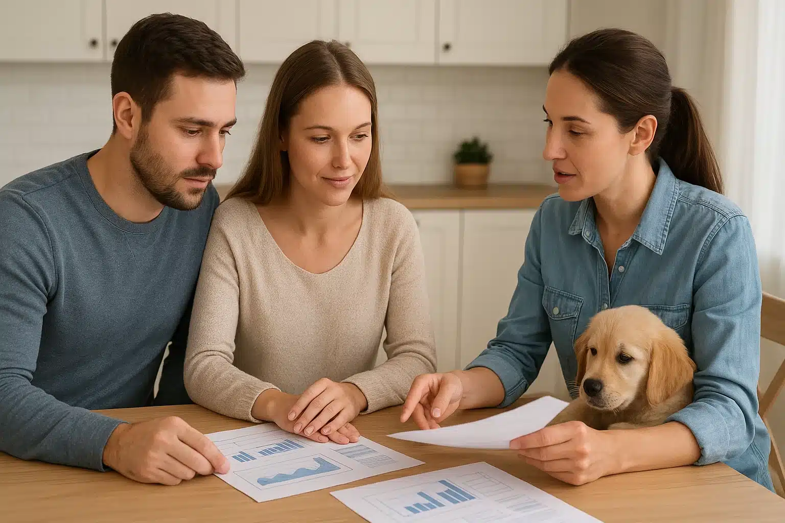 Breeder and family reviewing parent health records at kitchen table