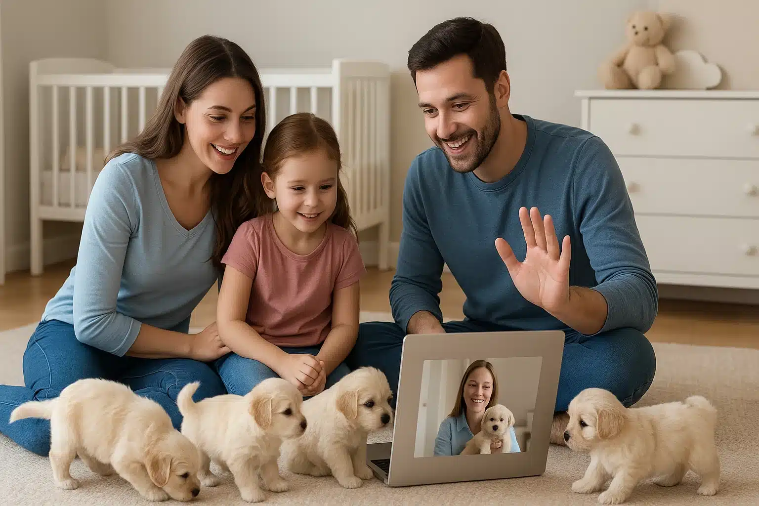 Family reviews puppy records during video call with playful Havanese litter