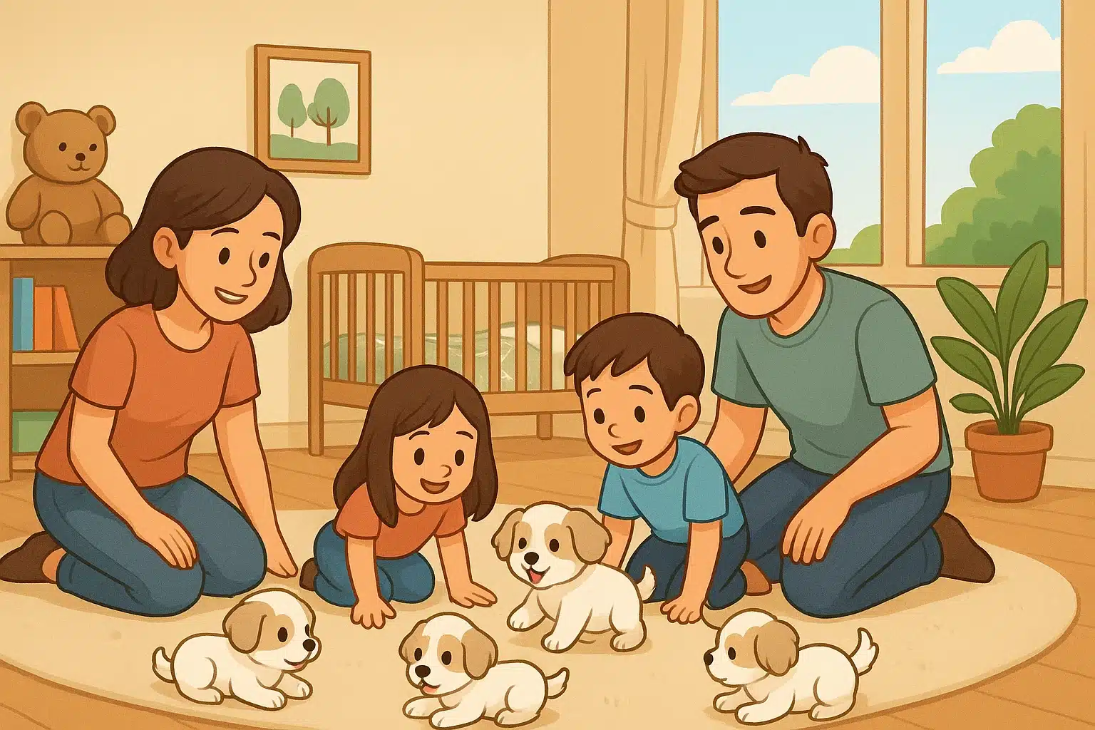 Family inspects Havanese puppies in a sunlit home nursery
