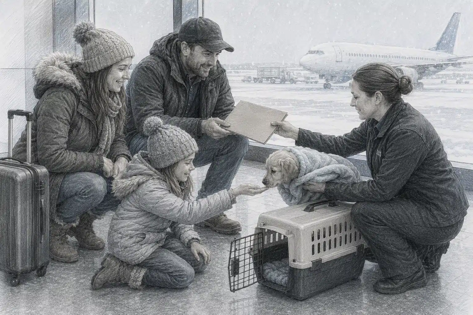 Family meets puppy flight nanny at snowy North Dakota airport
