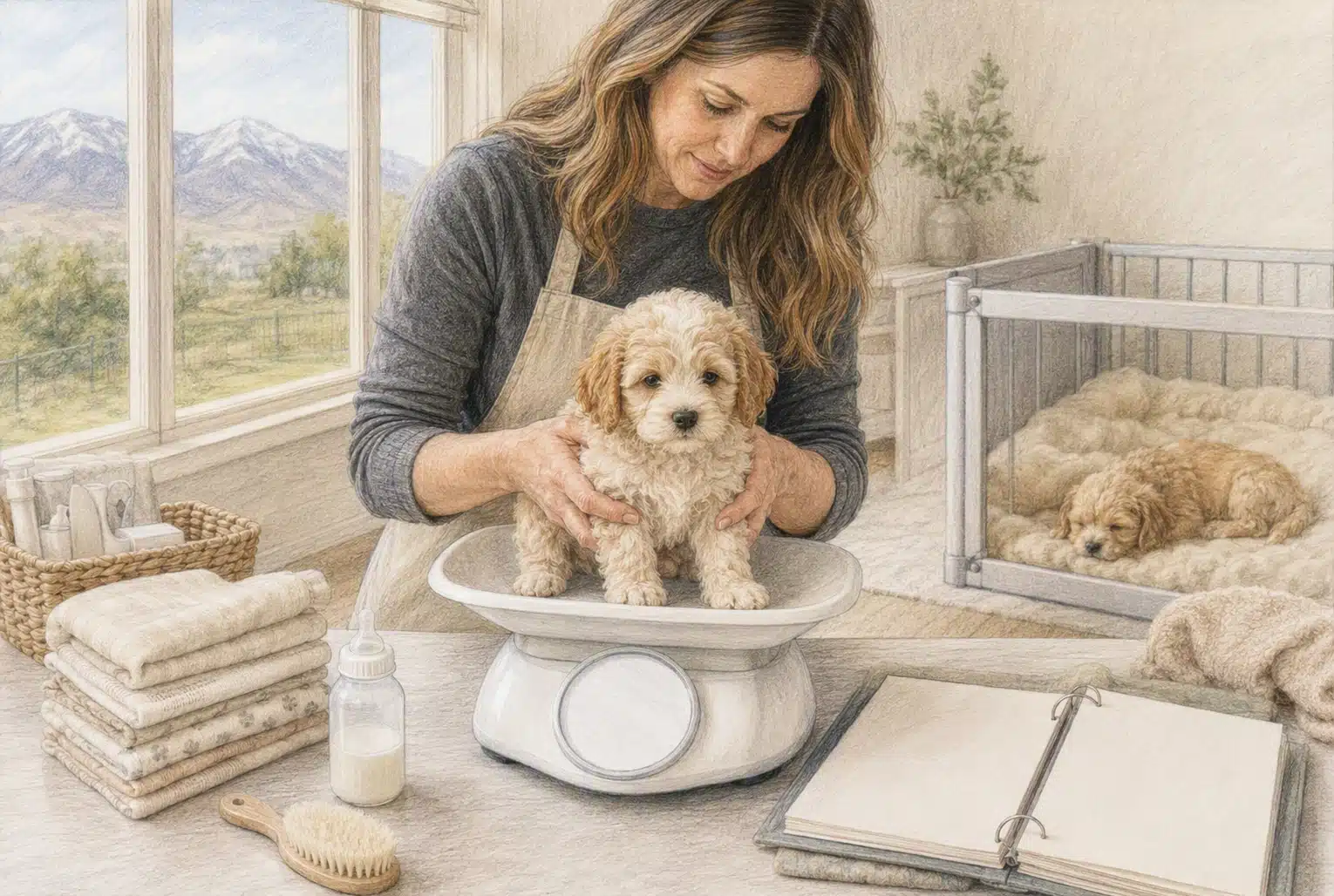Breeder weighing Cavapoo puppy with nursery supplies