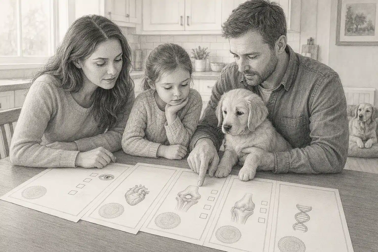 Reviewing parental health records with a puppy