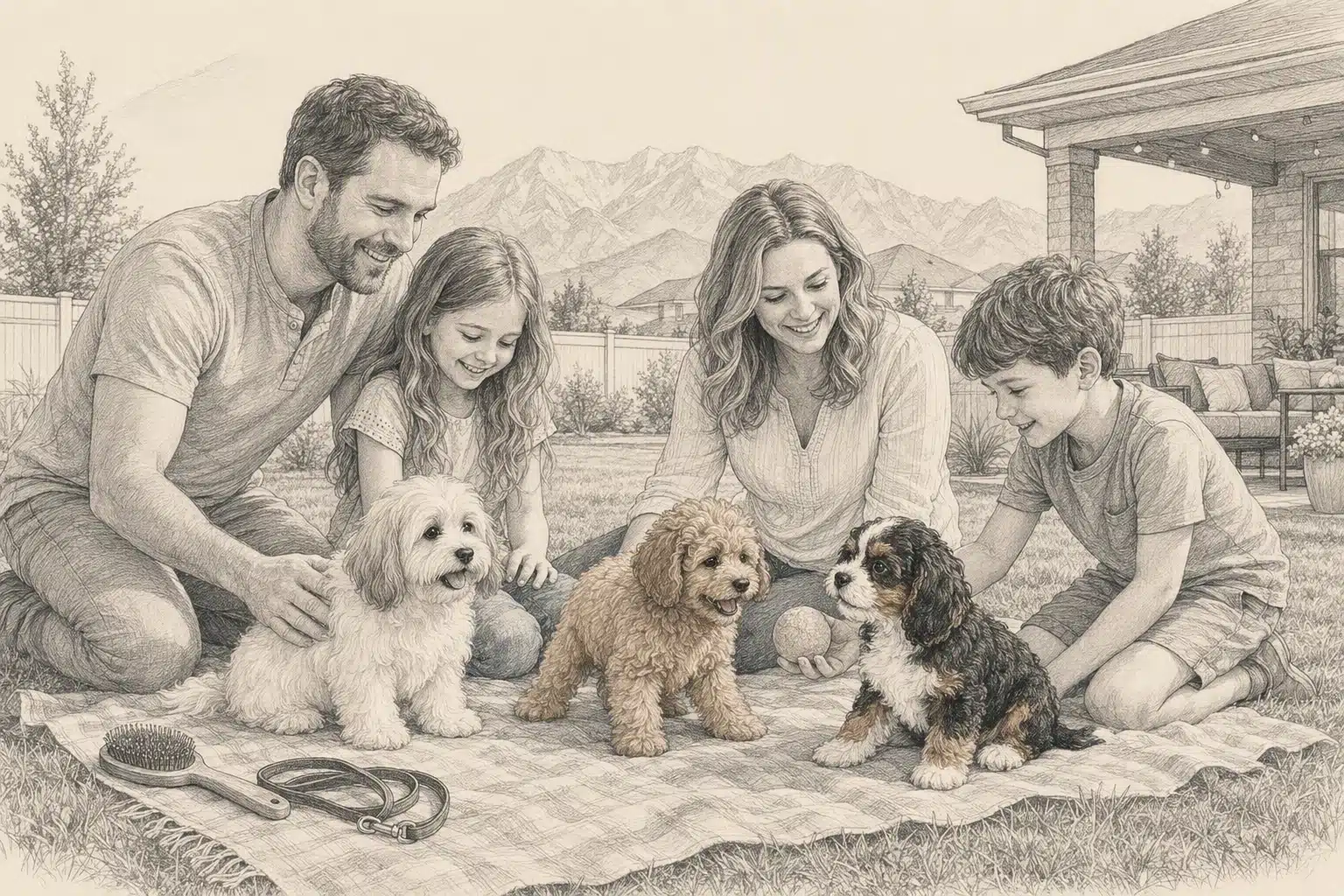 Family playing with Havanese Havapoo and Cavapoo puppies outdoors