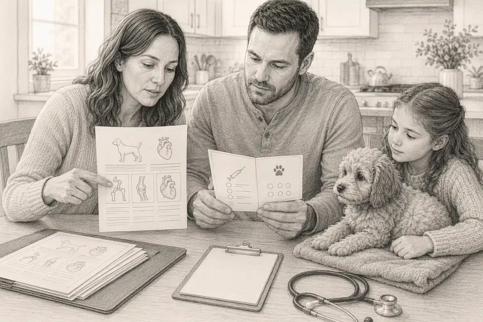Family reviewing Cavapoo health documents at kitchen table
