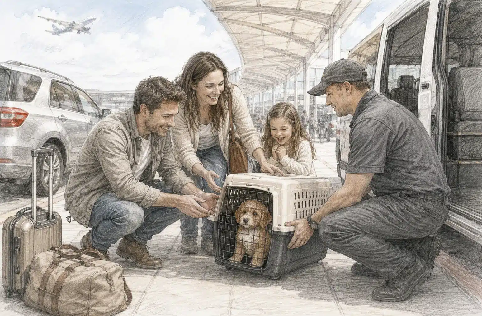 Family unpacks Cavapoo crate at airport curb