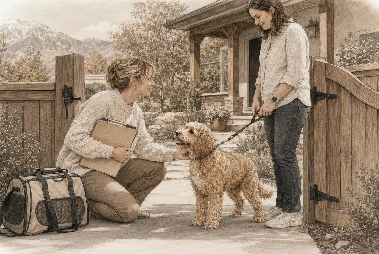 Breeder and Cavapoo exchange calm greetings at garden gate