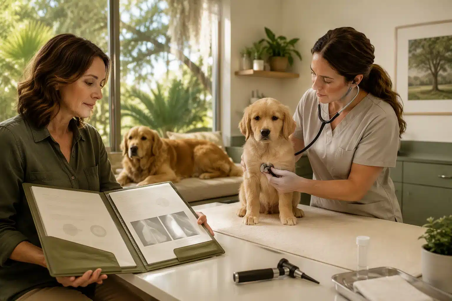 Breeder reviews parent health records with veterinarian examining puppy