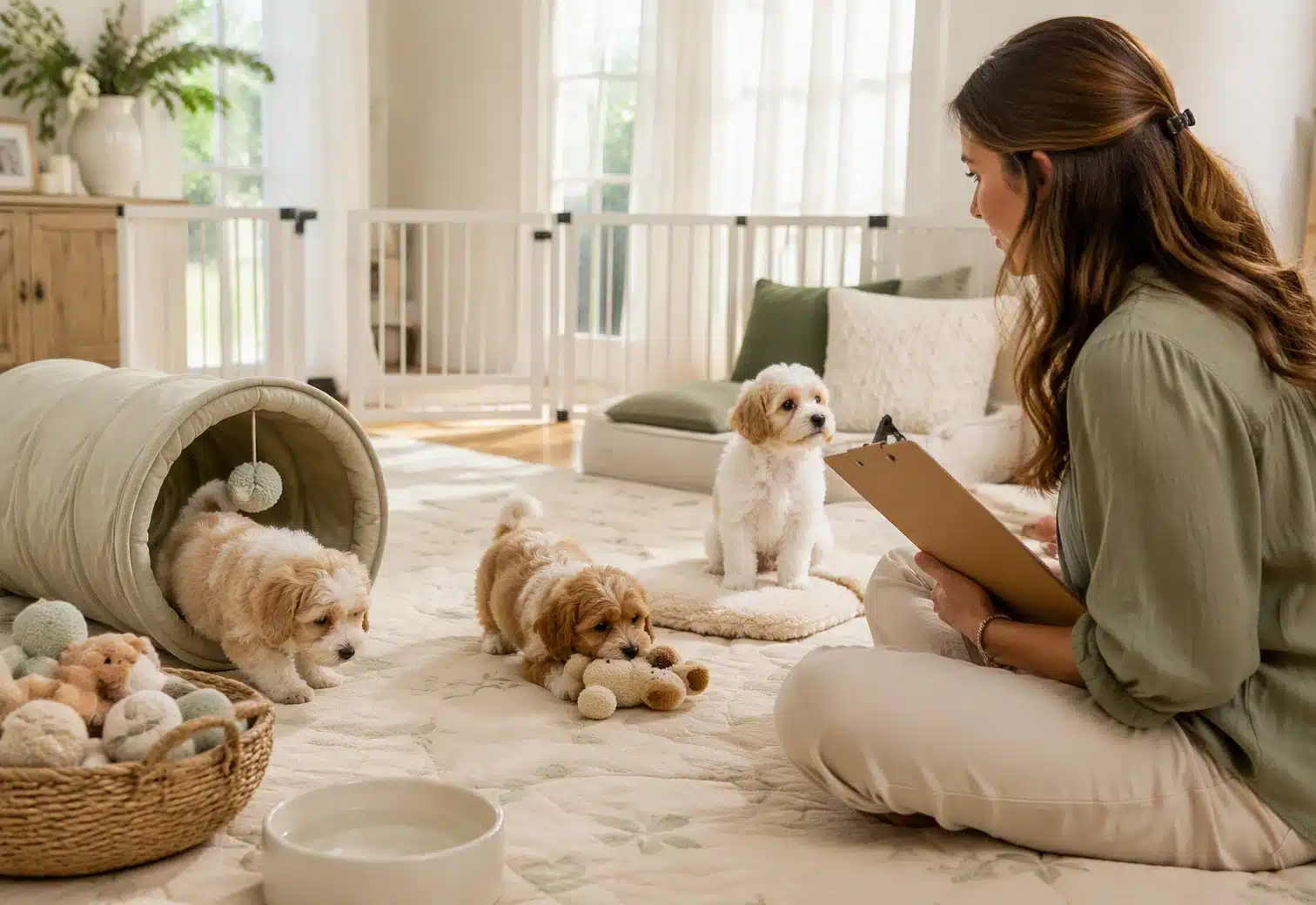 Caregiver watches puppies explore in a quiet nursery