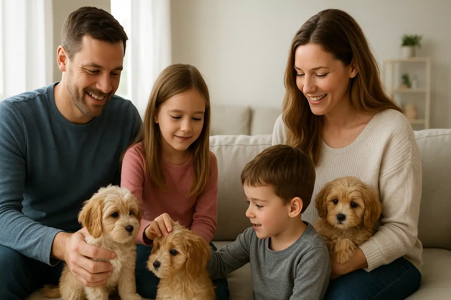 Family examines purebred Havapoo and Cavapoo puppies