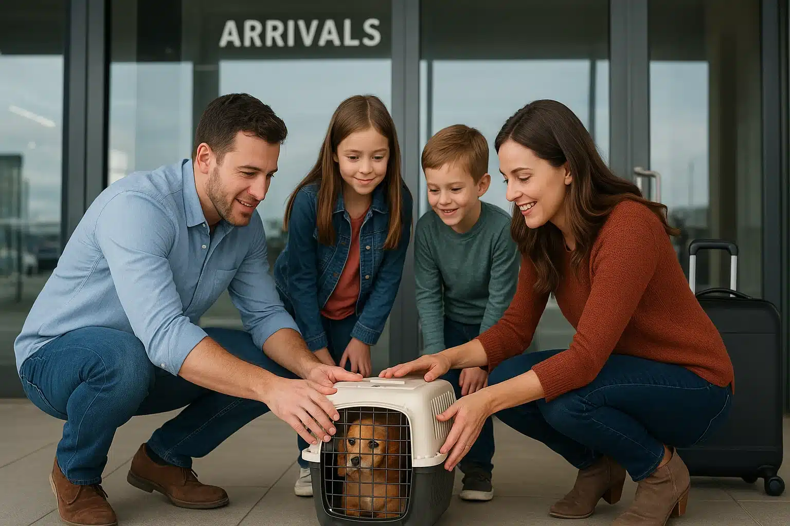 Family securing puppy carrier at Louisiana airport pickup