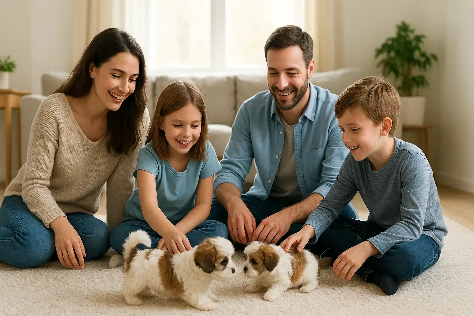 Havanese puppy socializing with family in sunlit living room