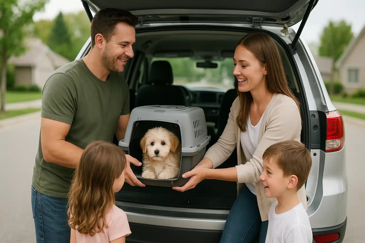 Family securing Havanese puppy carrier in SUV for pickup