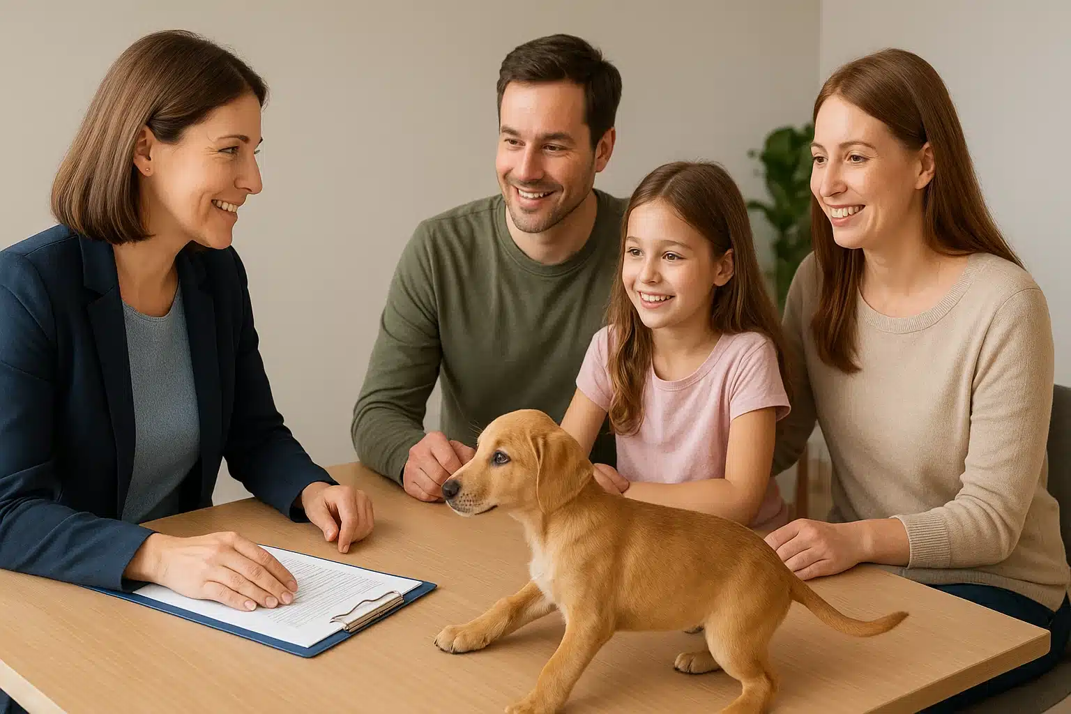 Family meets adoptable puppy with CARE caseworker indoors