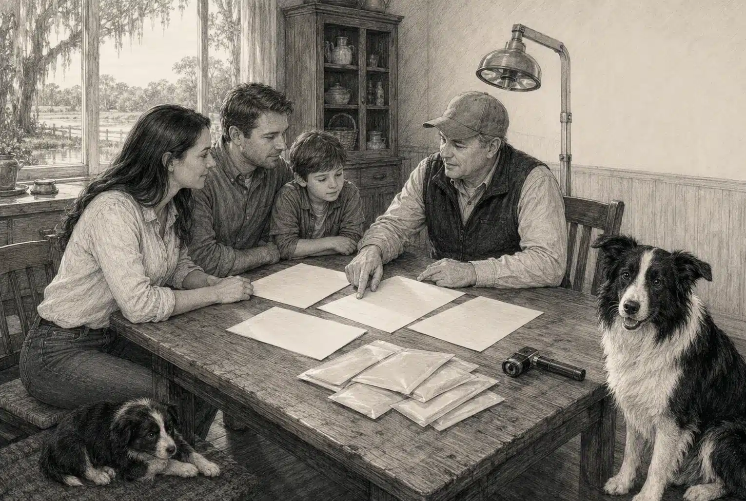 Breeder reviewing Border Collie health reports with puppy buyers